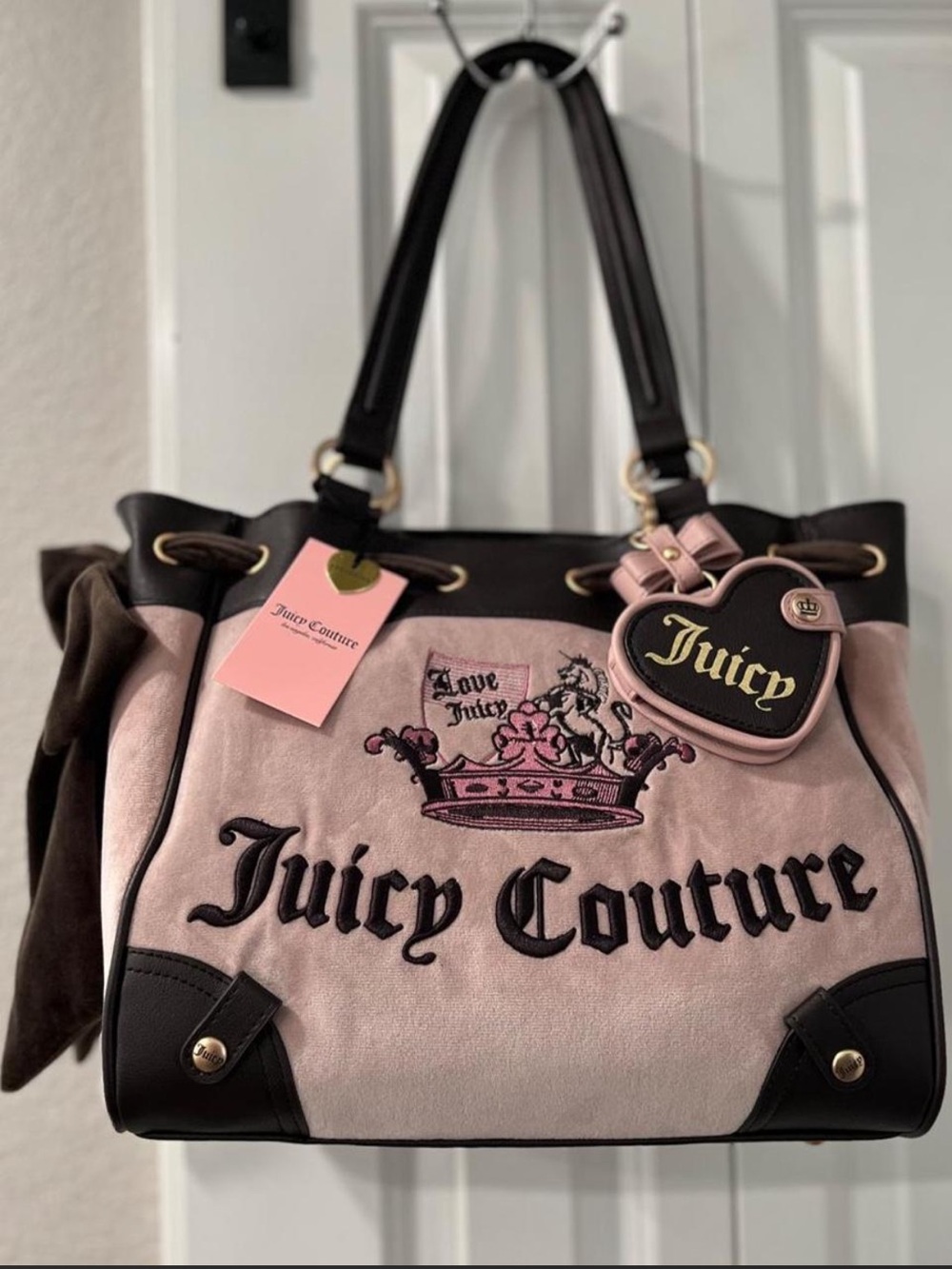 Juicy Couture Pink Suede Logo with Black Trim and gold interior design bag